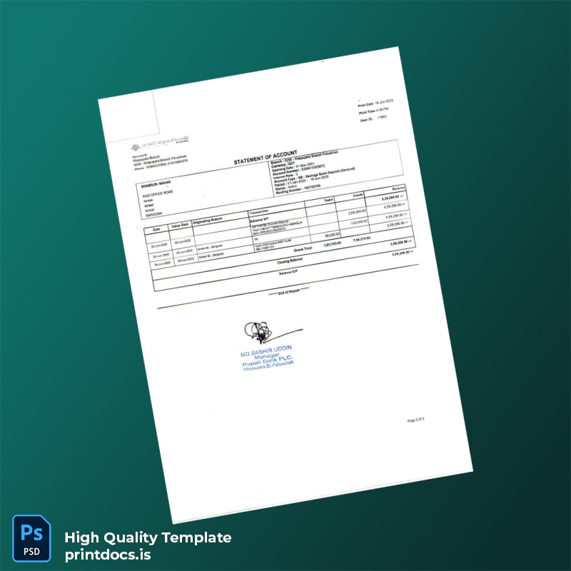 Bangladesh Rupali Bank Statement Template in Word and PDF formats page 2