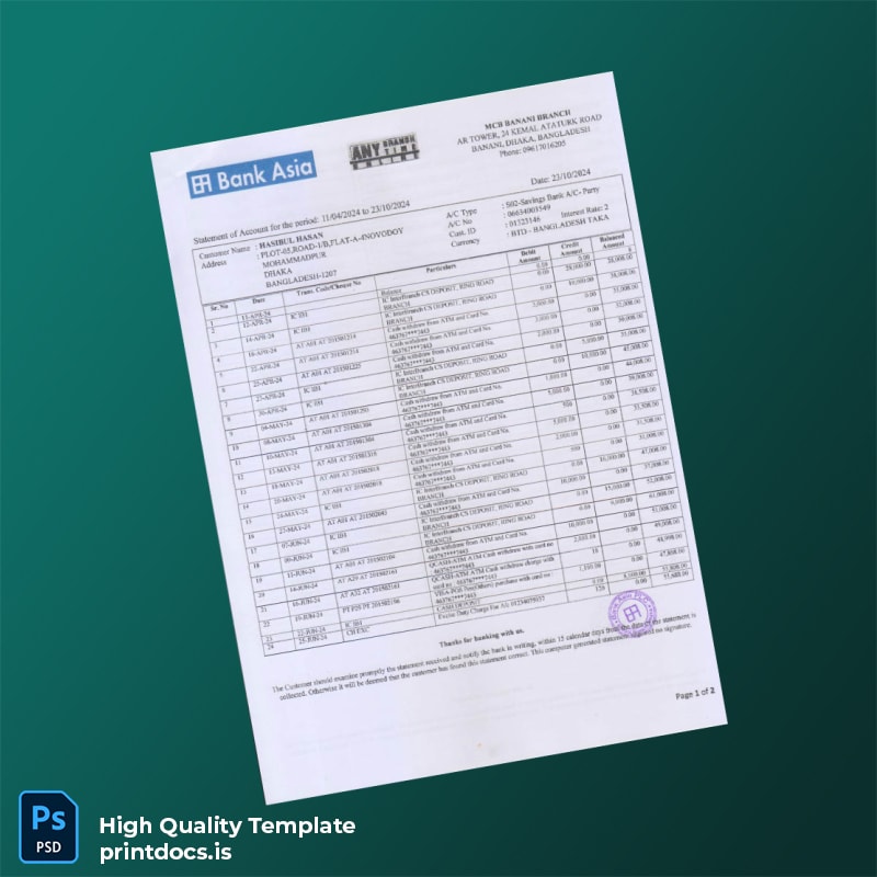Bangladesh S02-Savings Bank A_C Statement Template in Word and PDF formats