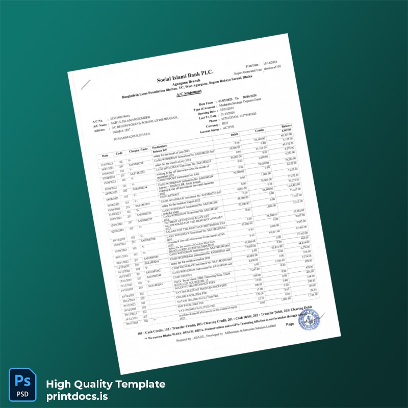 Bangladesh SIBL Bank Statement Template in Word and PDF formats