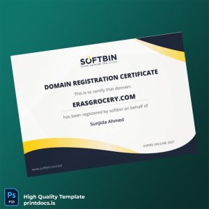 Printable Bangladesh Softbin Domain Registration Certificate Template (Word & PDF) Image Preview - PrintDocs