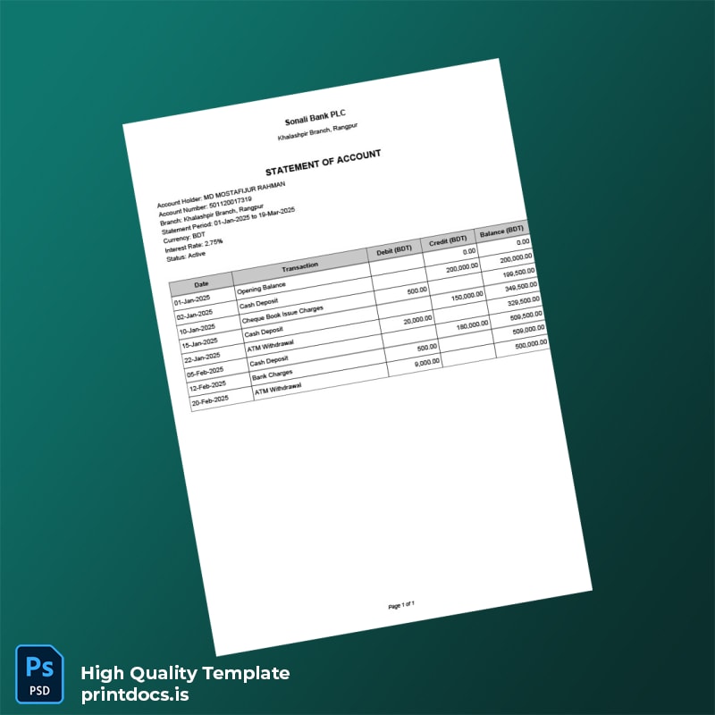 Bangladesh Sonali Bank Bank Statement Template in Word and PDF formats
