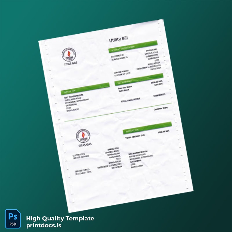 Bangladesh Titas Gas Editable Gas Bill Template in Word and PDF formats