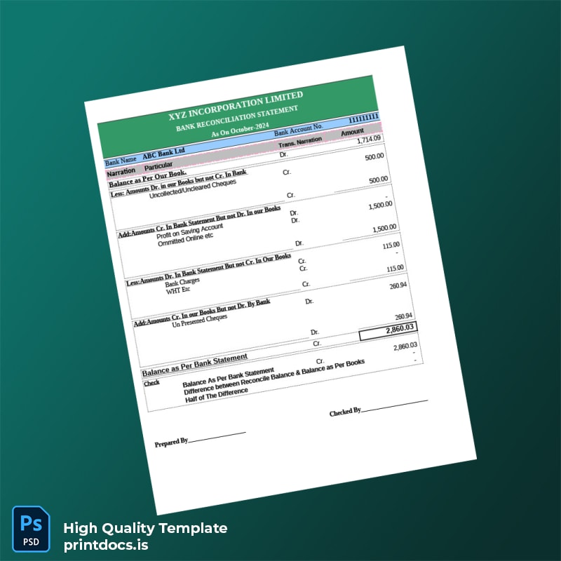 Bank Reconciliation Template in Word and PDF formats page 2