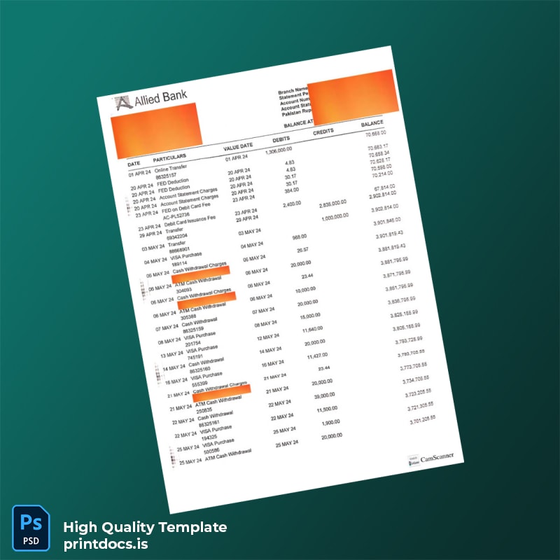 Bank Statement Sample - D Template in Word and PDF formats