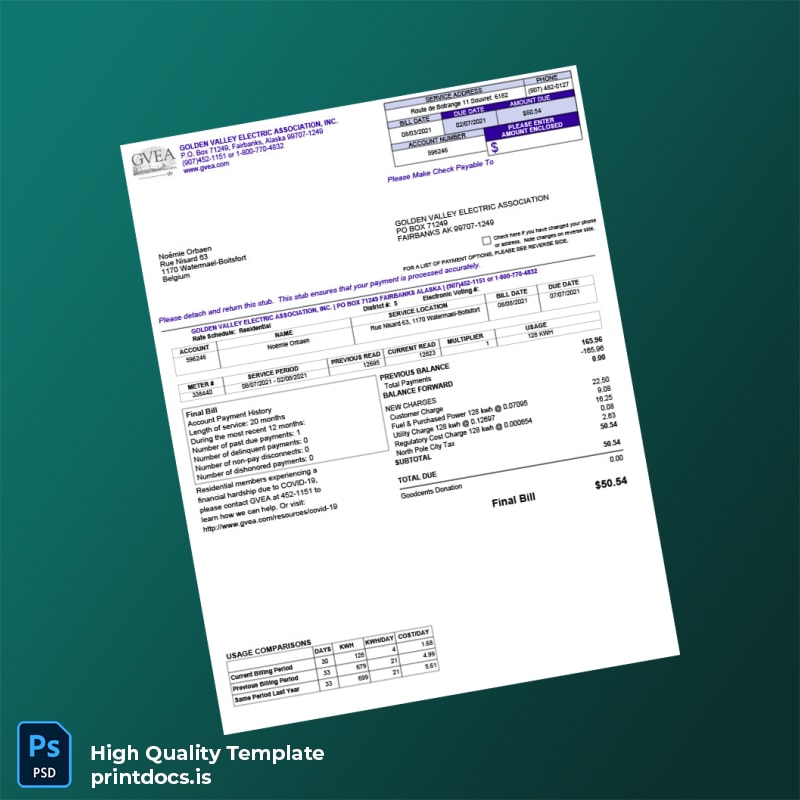 Belgium Golden Valley Electric Association Editable Electricity Bill Template in Word and PDF formats