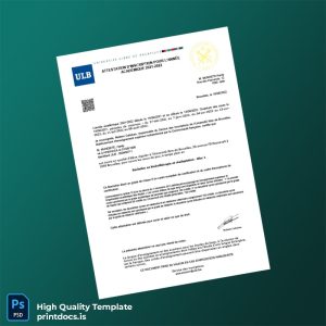 Printable Belgium Université libre de Bruxelles Registration Certificate Template (Word & PDF) Image Preview