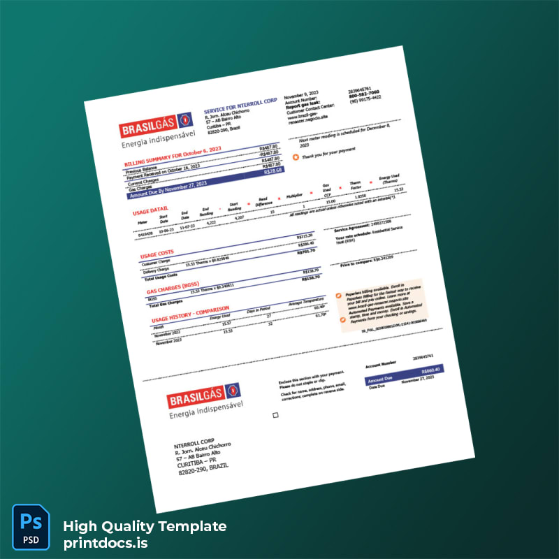 Brazil BRASILG S Editable Gas Bill Template in Word and PDF formats
