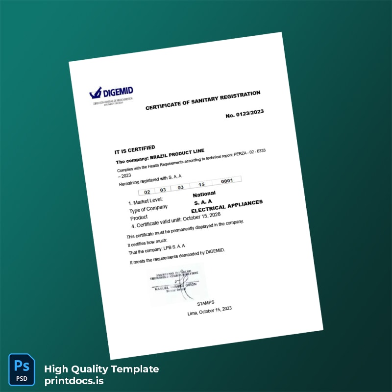 Printable Brazil Ministry of Health Sanitary Registration Certificate Template (Word & PDF) Image Preview - PrintDocs