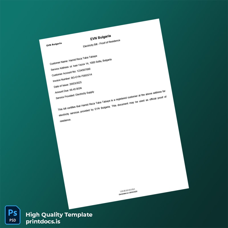 Bulgaria EVN Bulgaria Editable Electricity Bill Template in Word and PDF formats