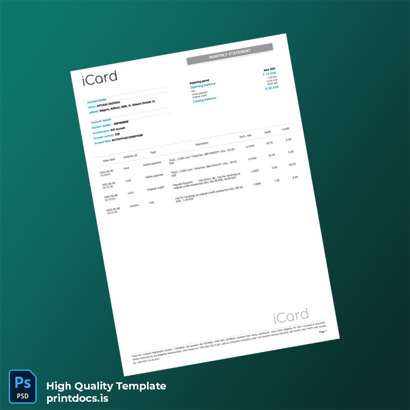 Bulgaria iCard Monthly Statement Template in Word and PDF formats