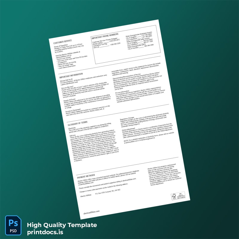 Canada Alectra Utilities Corporation Editable Utility Bill Template in Word and PDF formats page 2