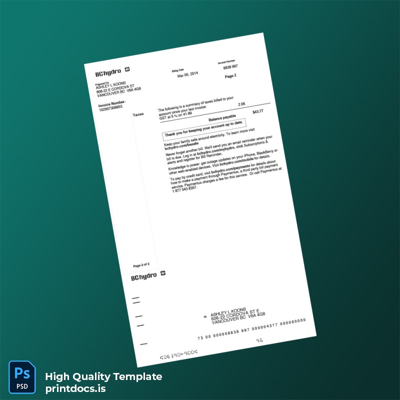 Canada BC Hydro Editable Utility Bill Template in Word and PDF formats page 2