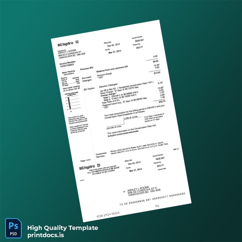 Canada BC Hydro Editable Utility Bill Template in Word and PDF formats