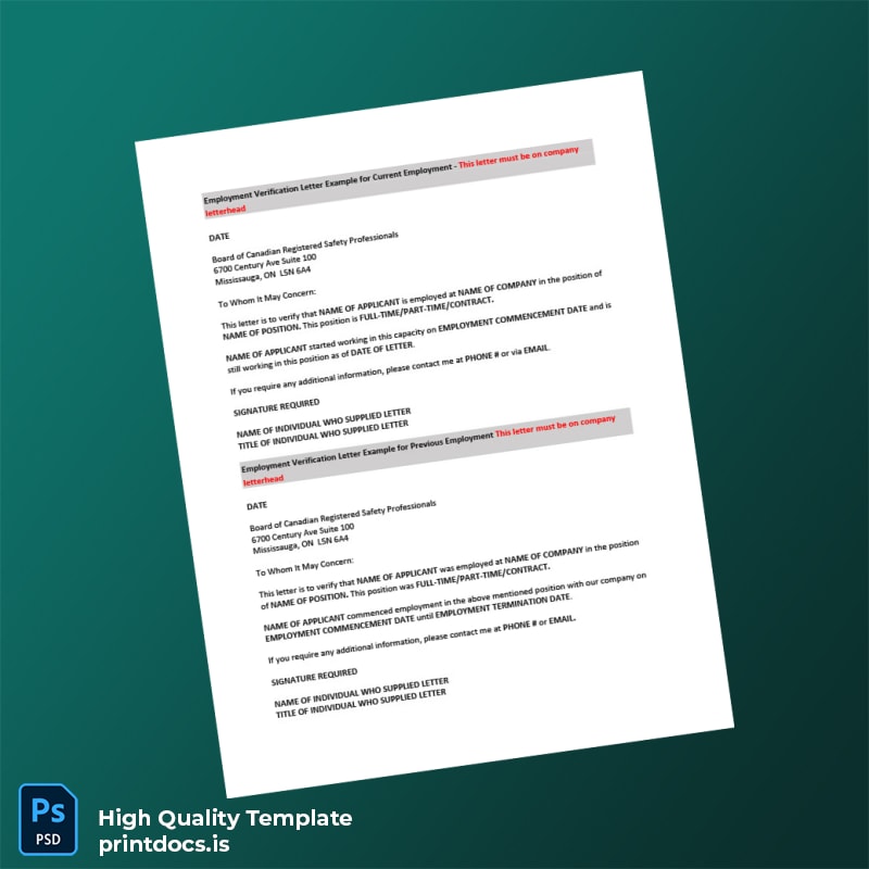 Printable Canada Board of Canadian Registered Safety Professionals Employment Verification Letter Template (Word & PDF) Image Preview - PrintDocs