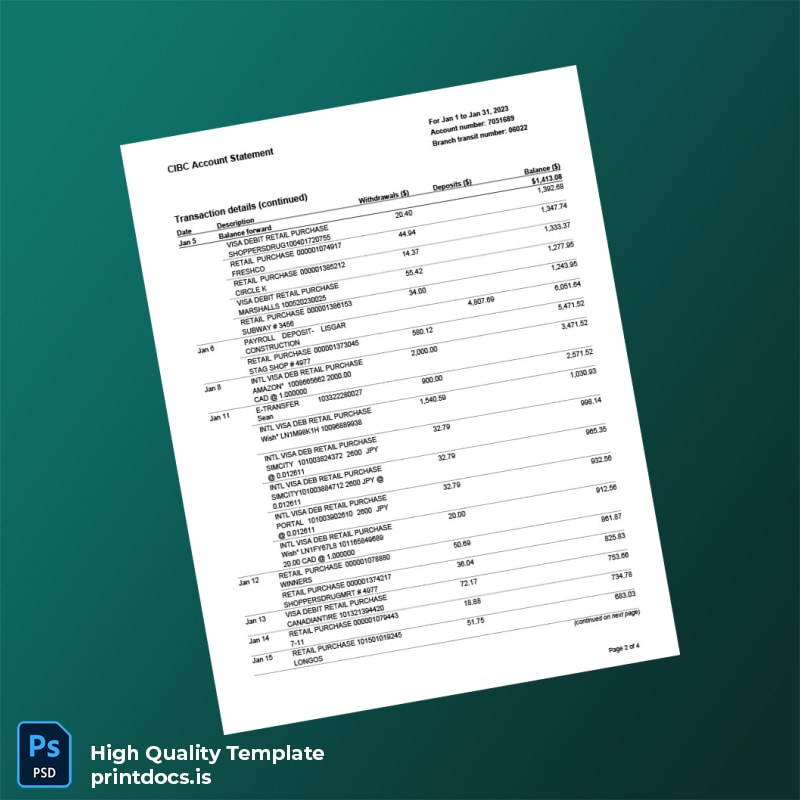 Canada CIBC Account Statement Template in Word and PDF formats page 2