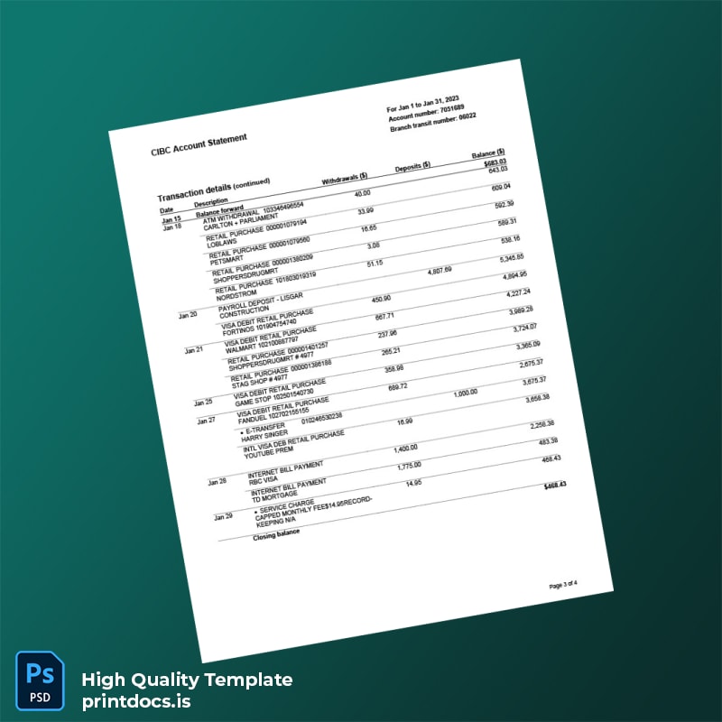 Canada CIBC Account Statement Template in Word and PDF formats page 3