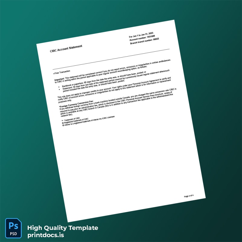 Canada CIBC Account Statement Template in Word and PDF formats page 4