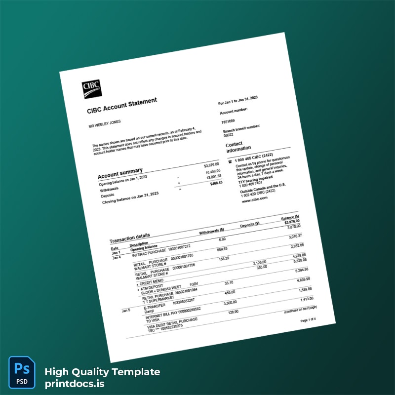 Canada CIBC Account Statement Template in Word and PDF formats
