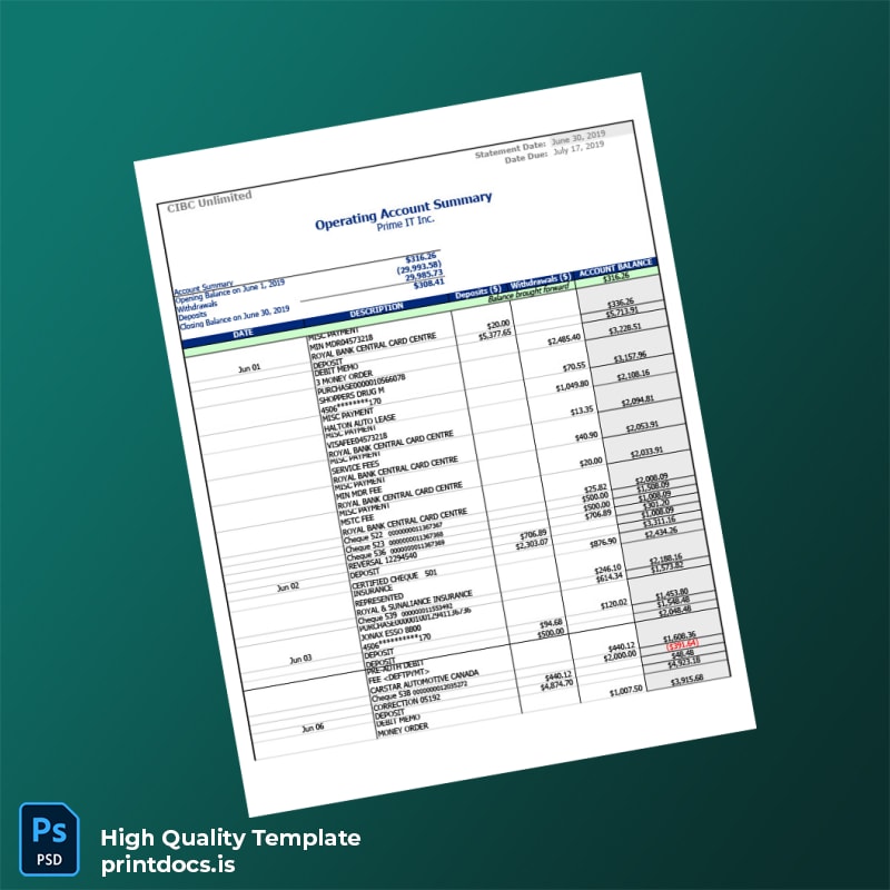 Canada CIBC Business Account Statement Template in Word and PDF formats