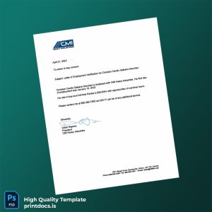 Printable Canada CMI Heavy Industries Employment Verification Letter Template (Word & PDF) Image Preview - PrintDocs