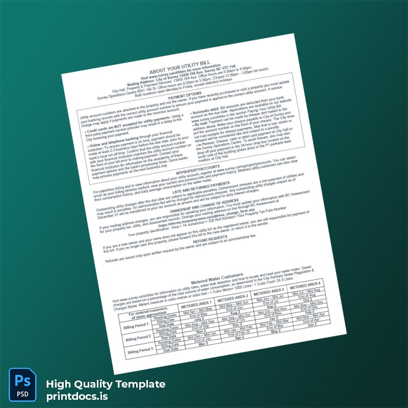 Canada City Of Surrey Editable Utility Bill Template in Word and PDF formats page 2