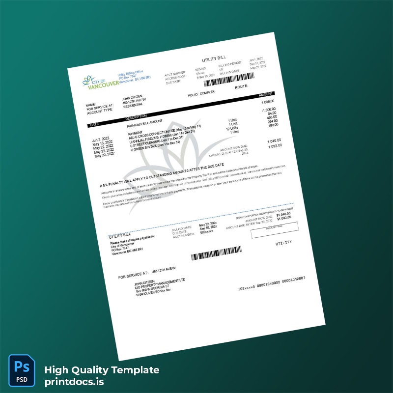 Canada City Of Vancouver Editable Utility Bill Template in Word and PDF formats
