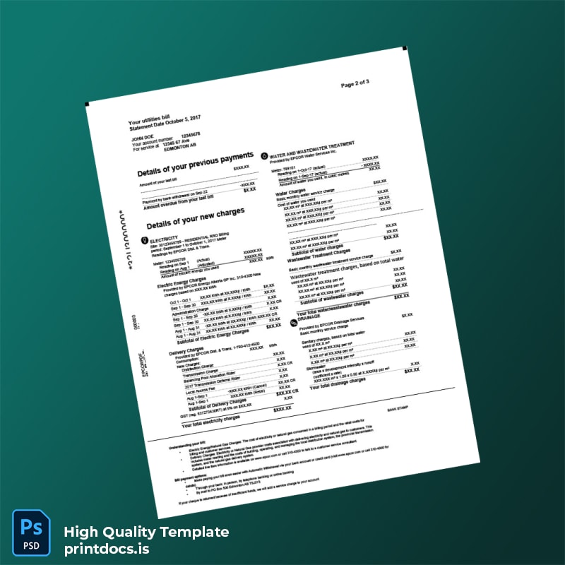 Canada EPCOR Editable Utility Bill Template in Word and PDF formats page 2