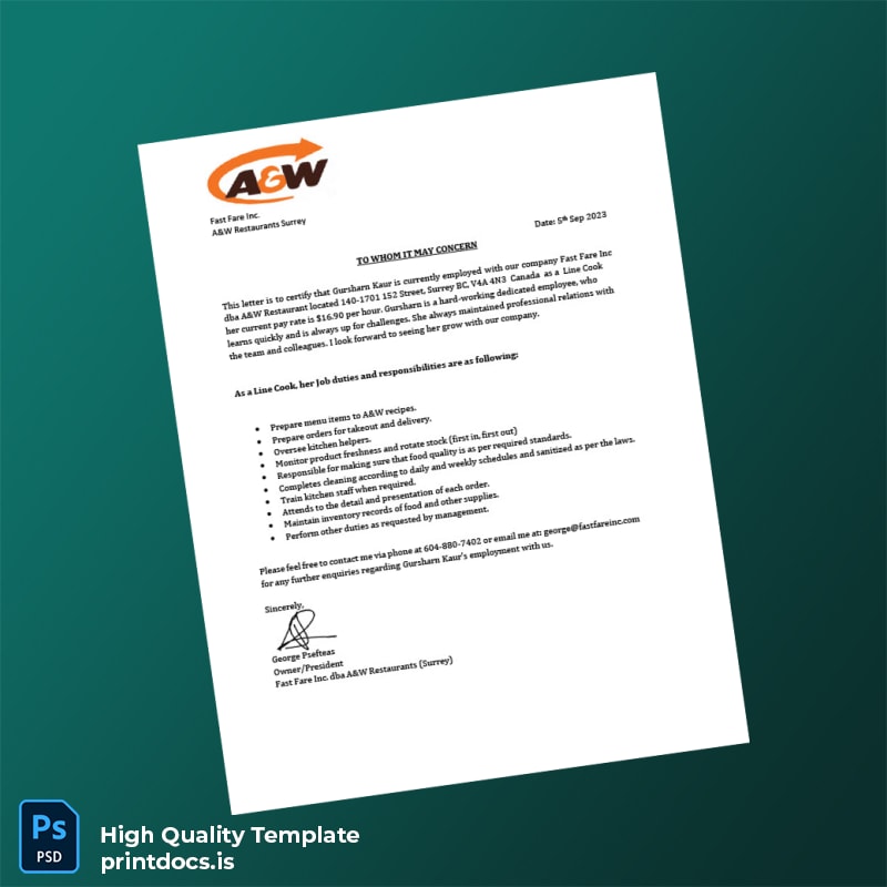 Printable Canada Fast Fare Inc Employment Verification Letter Template (Word & PDF) Image Preview - PrintDocs