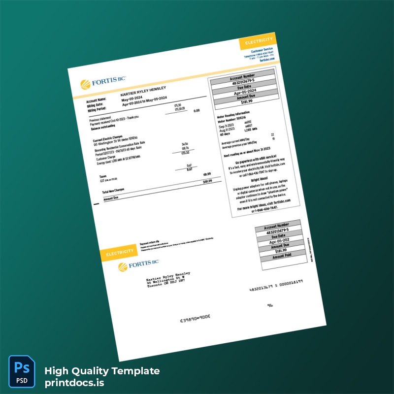 Canada Fortis BC Editable Electricity Bill Template in Word and PDF formats