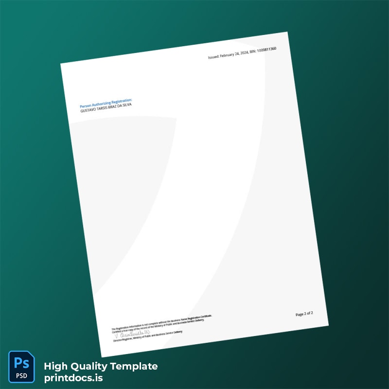 Printable Canada Ministry of Public and Business Service Delivery Business Name Registration for a Sole Proprietorship Template in Word an page 2 Image Preview - PrintDocs