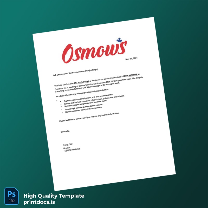 Printable Canada Osmow s Employment Verification Letter Template (Word & PDF) Image Preview - PrintDocs