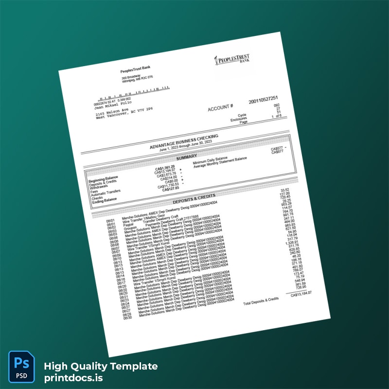 Canada PeoplesTrust Bank Business Account Statement Template in Word and PDF formats