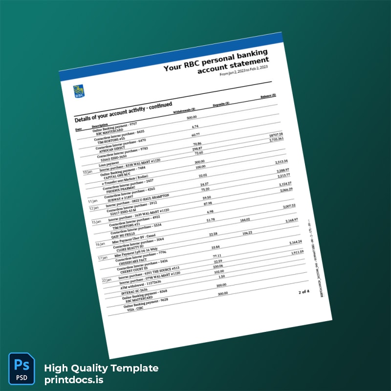 Canada RBC Bank Statement Template in Word and PDF formats page 2