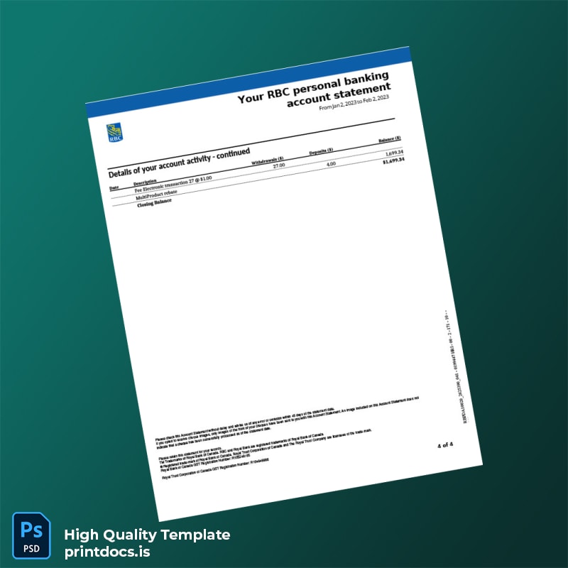 Canada RBC Bank Statement Template in Word and PDF formats page 4