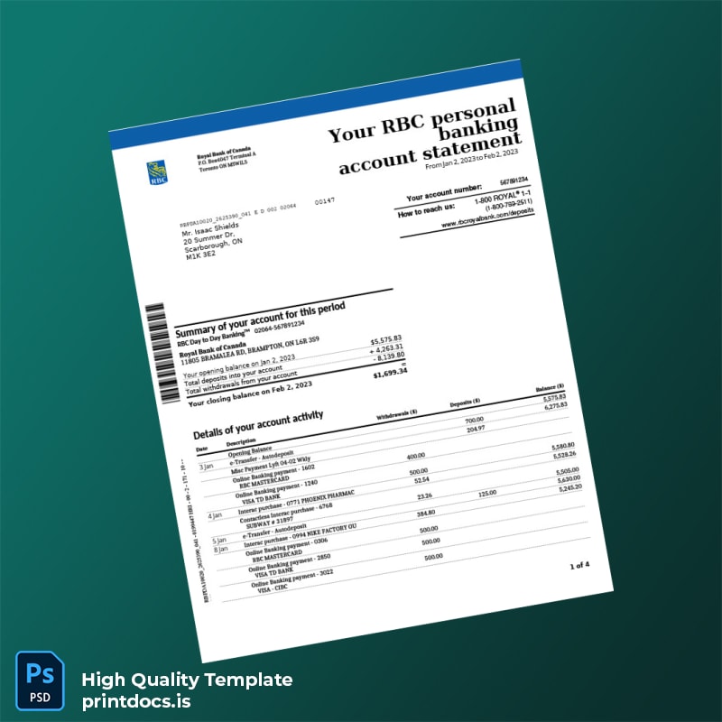 Canada RBC Bank Statement Template in Word and PDF formats