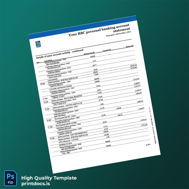 Canada RBC Personal Banking Account Statement Template in Word and PDF formats page 2