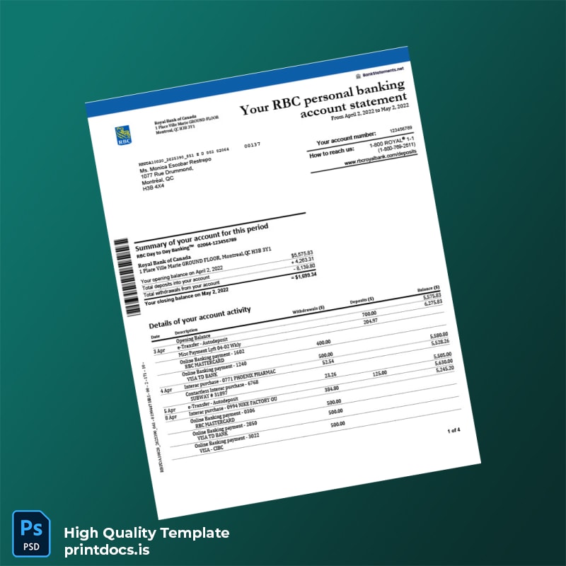 Canada RBC Personal Banking Account Statement Template in Word and PDF formats