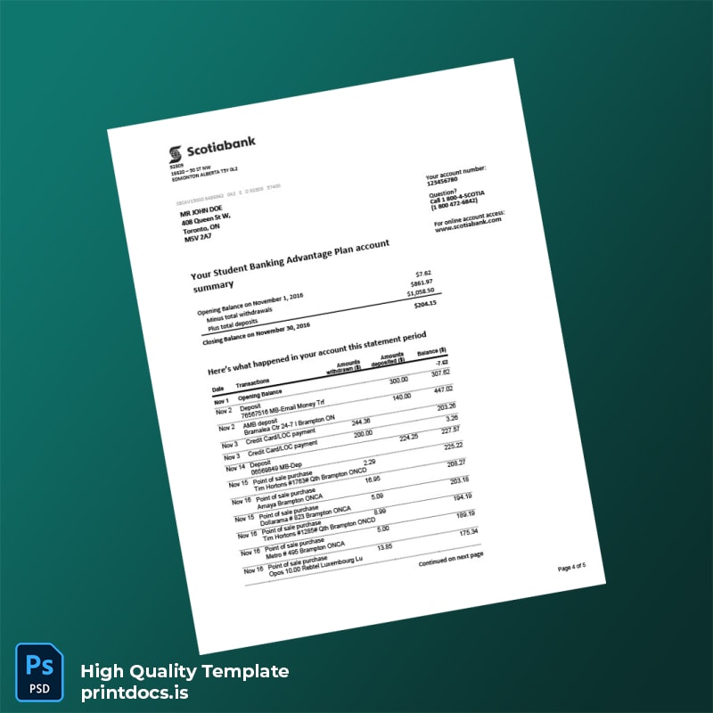 Canada Scotiabank Bank Statement Template in Word and PDF formats page 4