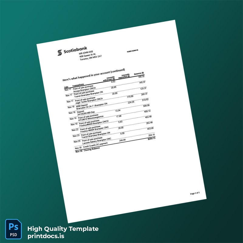 Canada Scotiabank Bank Statement Template in Word and PDF formats page 5