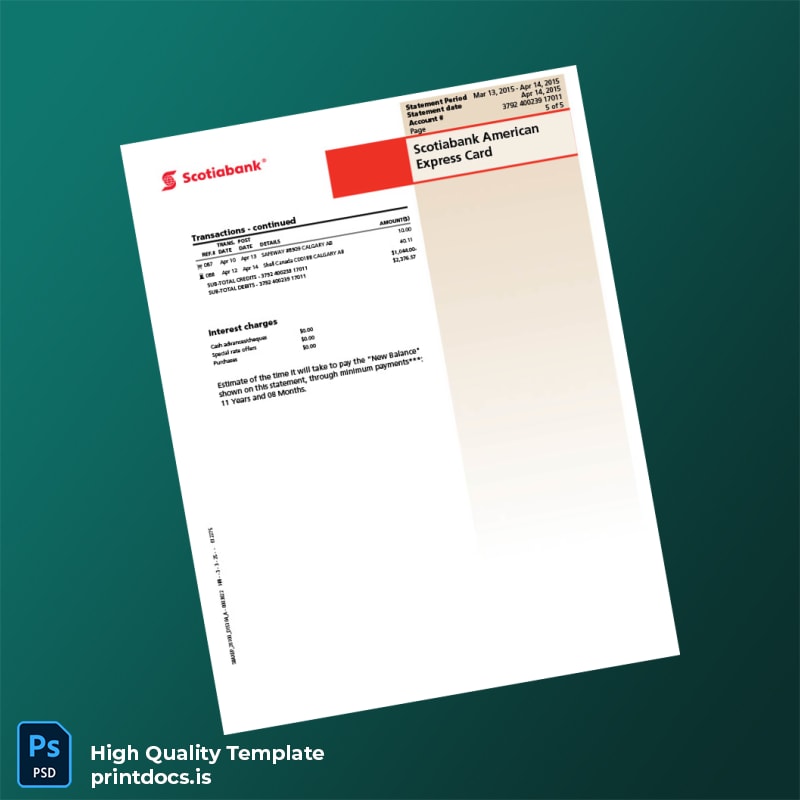 Canada Scotiabank Credit Card Statement Template in Word and PDF formats page 5