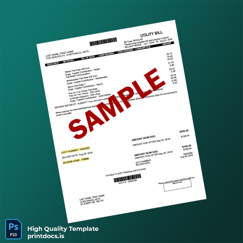 Canada St Albert Editable Water Bill Template in Word and PDF formats