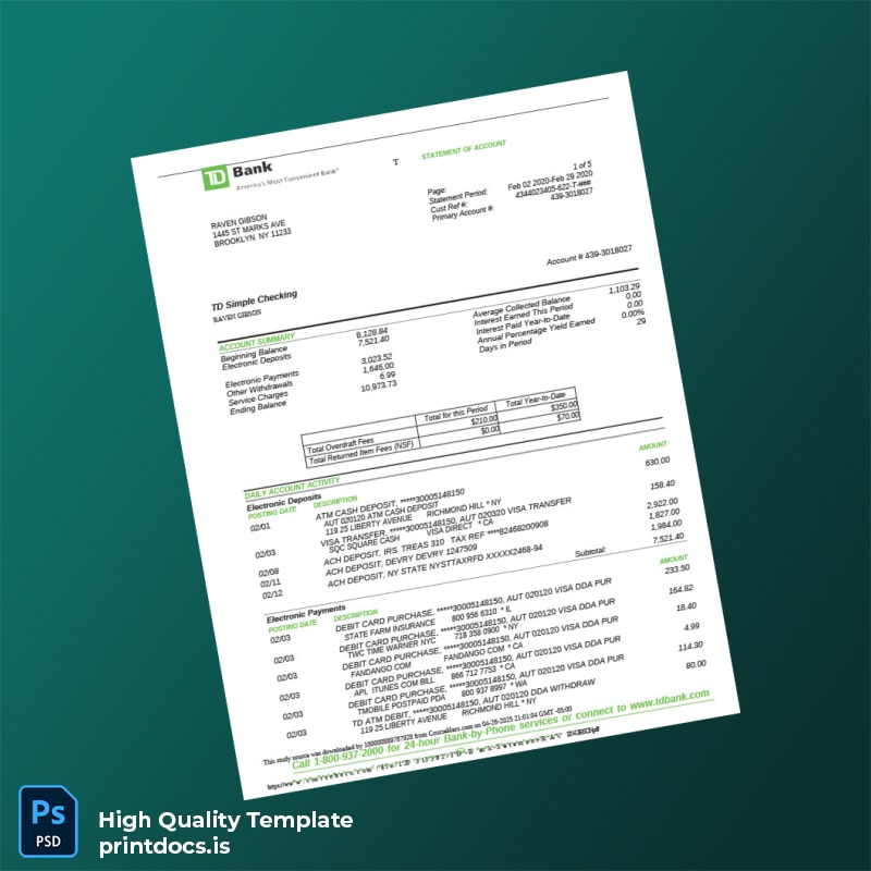 Canada TD Bank Statement Template in Word and PDF formats