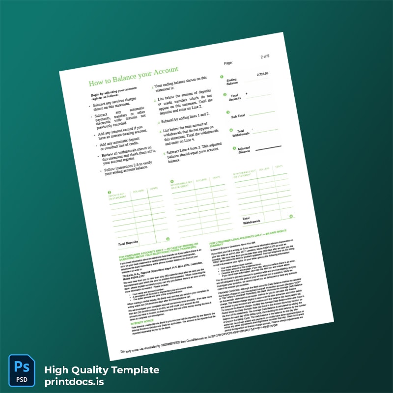 Canada TD Bank Statement Template in Word and PDF formats page 2