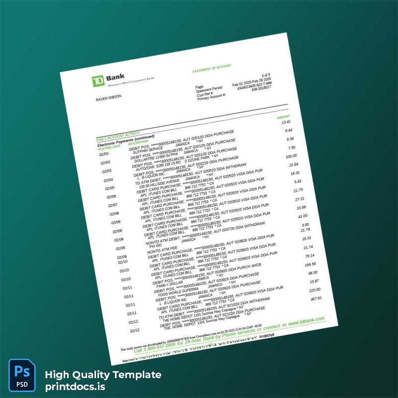 Canada TD Bank Statement Template in Word and PDF formats page 4