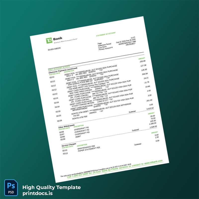 Canada TD Bank Statement Template in Word and PDF formats page 5