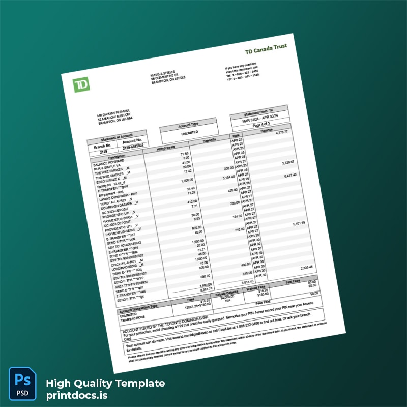 Canada TD Canada Trust Bank Statement Template in Word and PDF formats page 4