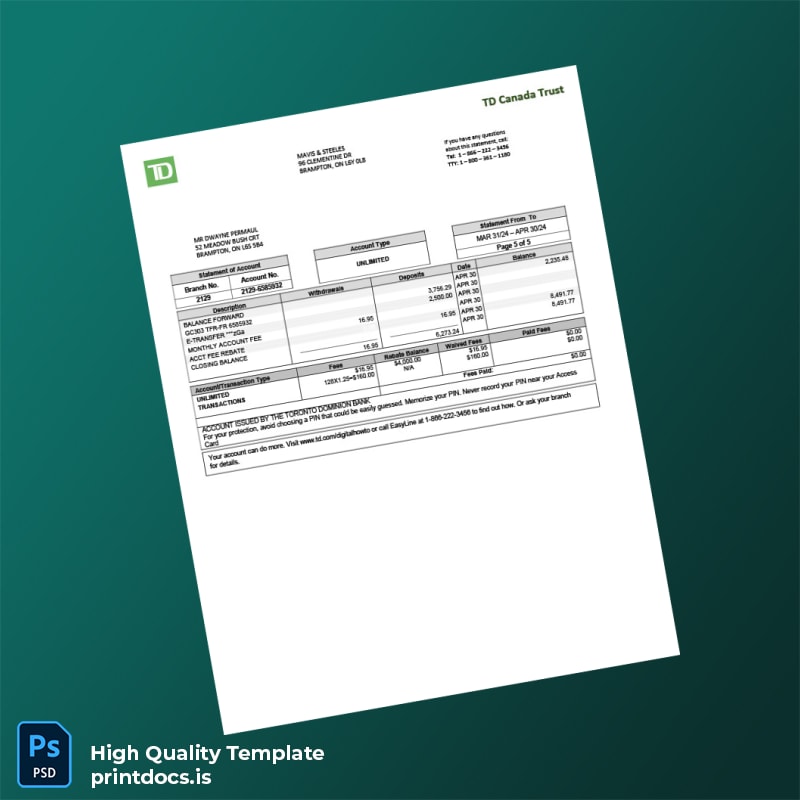 Canada TD Canada Trust Bank Statement Template in Word and PDF formats page 5
