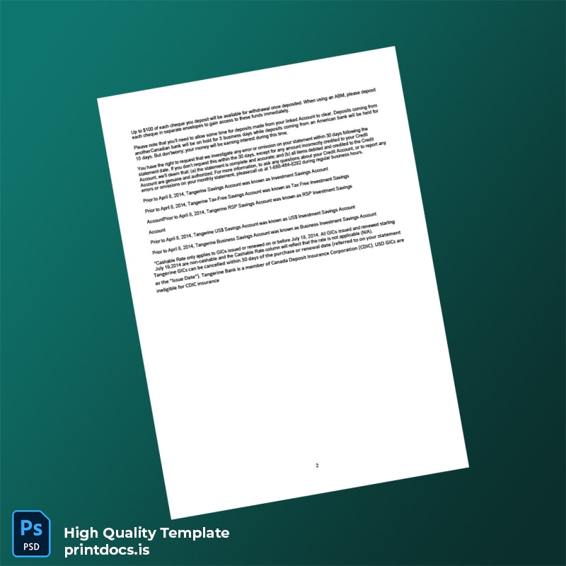 Canada Tangerine Bank Statement Template in Word and PDF formats page 2