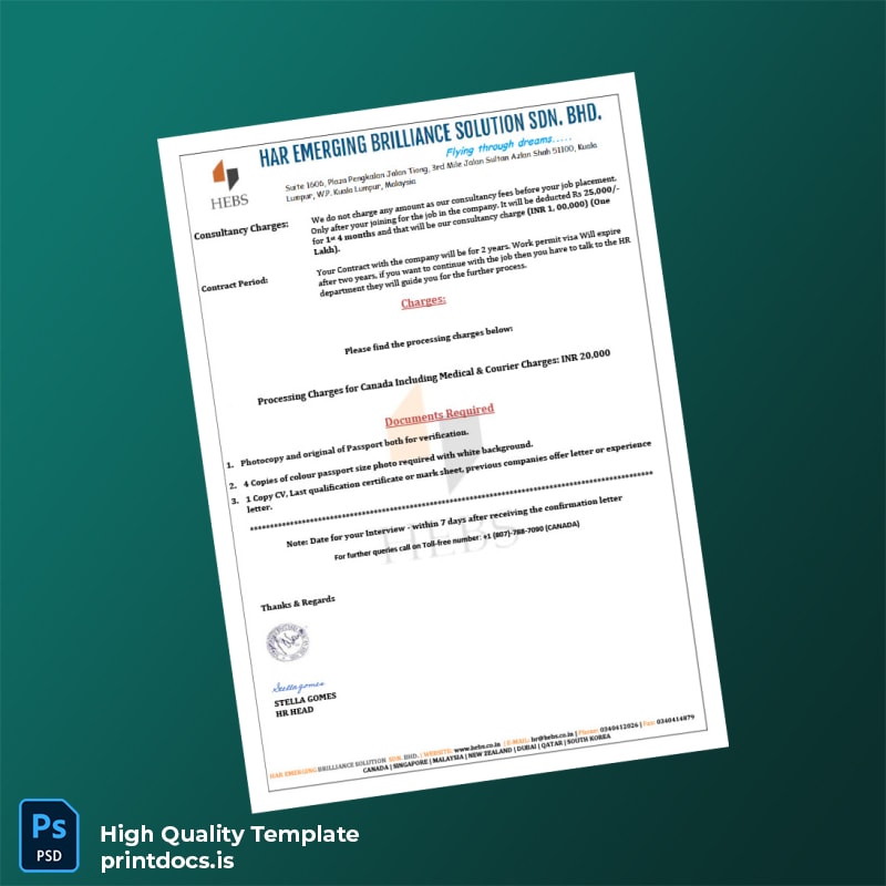 Printable Canada The Four Seasons Hotels and Resorts Job Confirmation Letter Template in Word and PDF formats page 2 Image Preview - PrintDocs