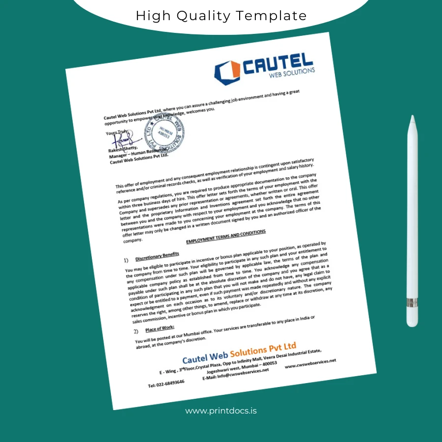 Printable Cautel Web Solutions Pvt Ltd Employment Verification Letter Template in Word and PDF formats page 2 Image Preview - PrintDocs